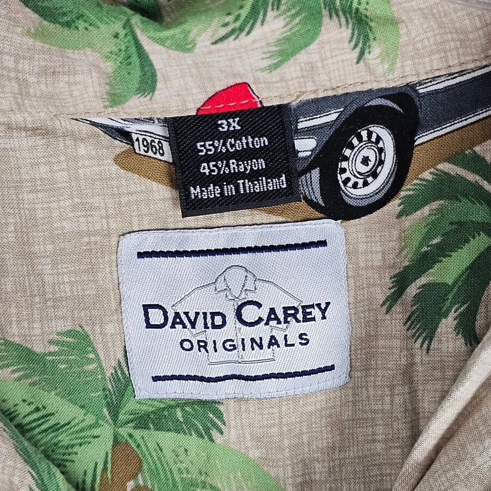 David Carey Shirt Men 3X Tan Ford Mustang Palm Tree Camp Button Up Aloha Classic